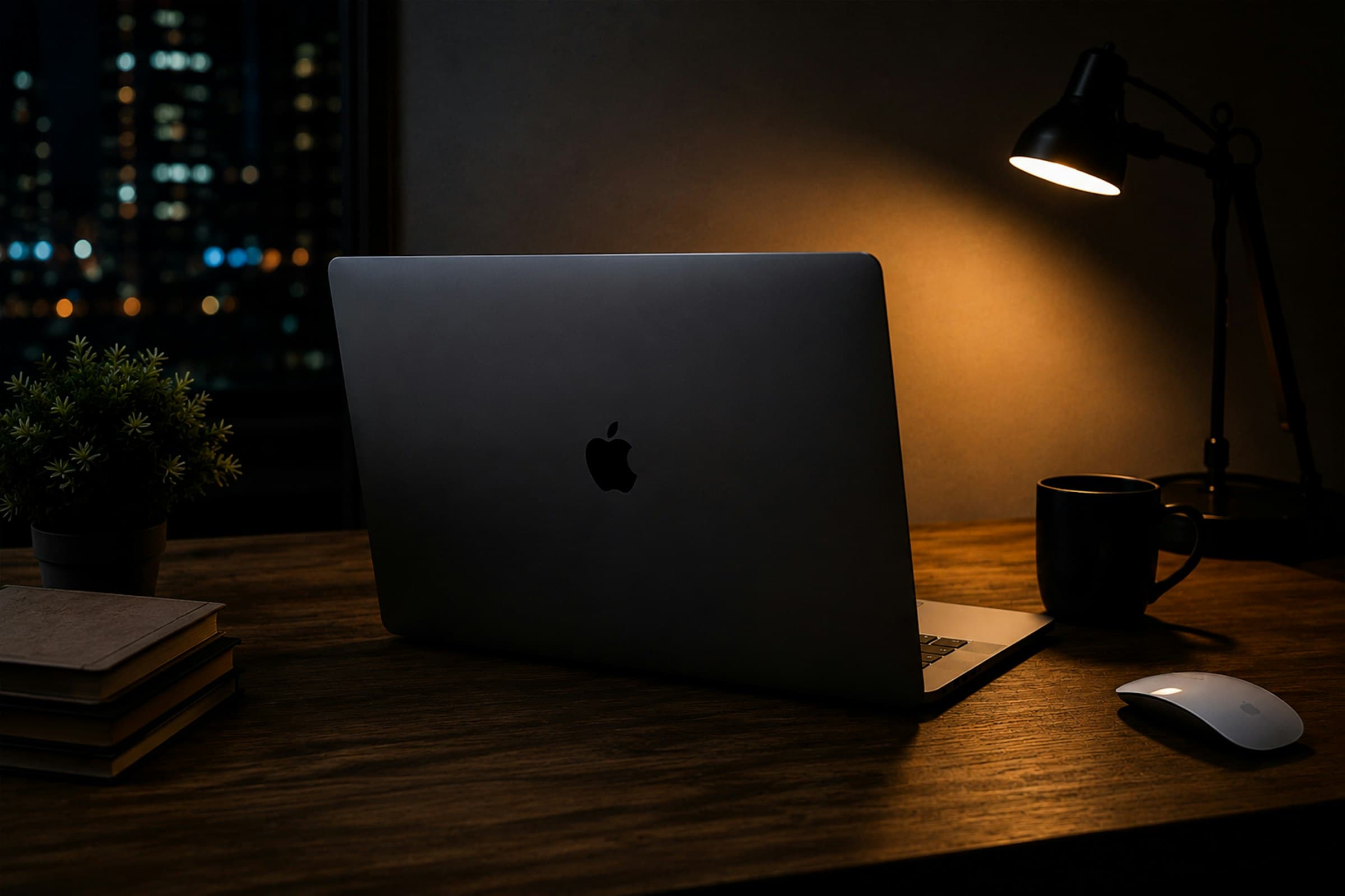 A laptop and desk lamp on a wooden desk at night, city lights through the window